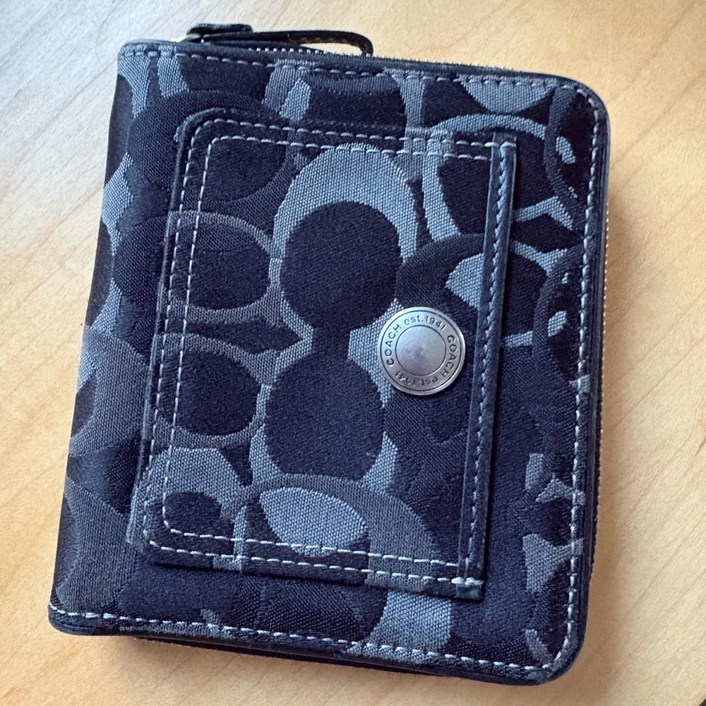 Coach Black & Gray Signature Canvas Zip Wallet
